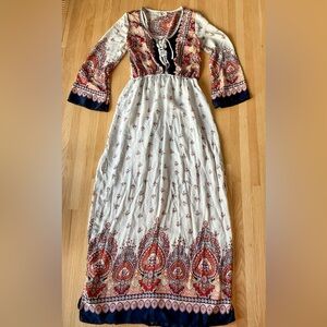 Vintage 70’s boho prairie 3/4 bell sleeve lace front paisley print maxi Small
